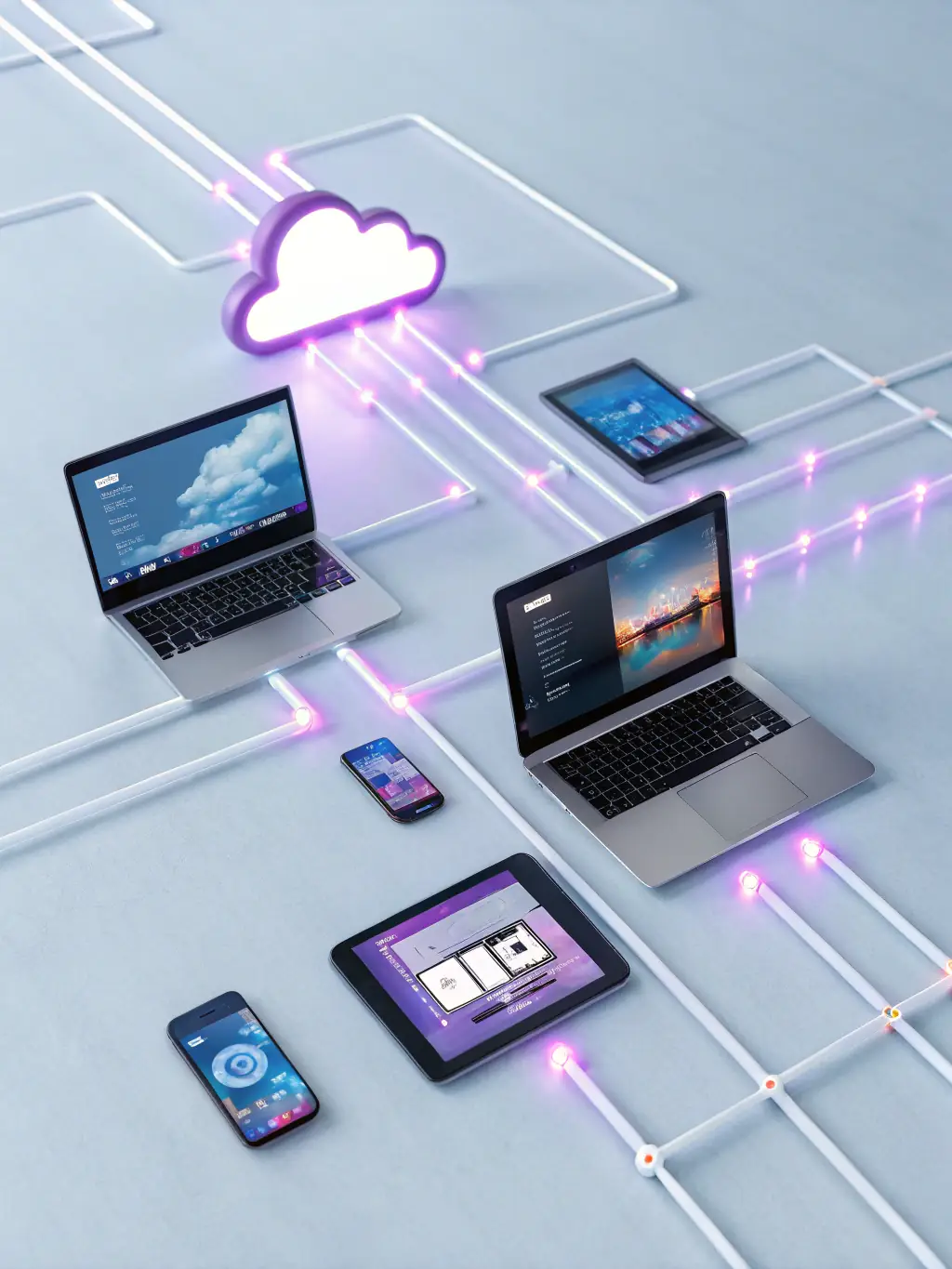 A cloud network with various devices connected, symbolizing Envision It Works' Cloud Migration services.