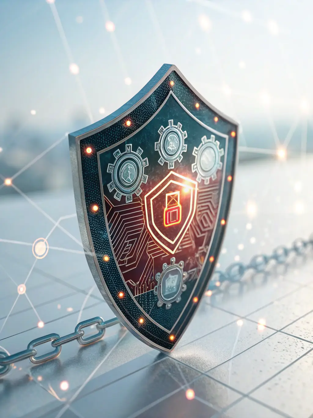 A digital illustration of a shield with a lock icon inside, representing cybersecurity protection for Envision It Works.