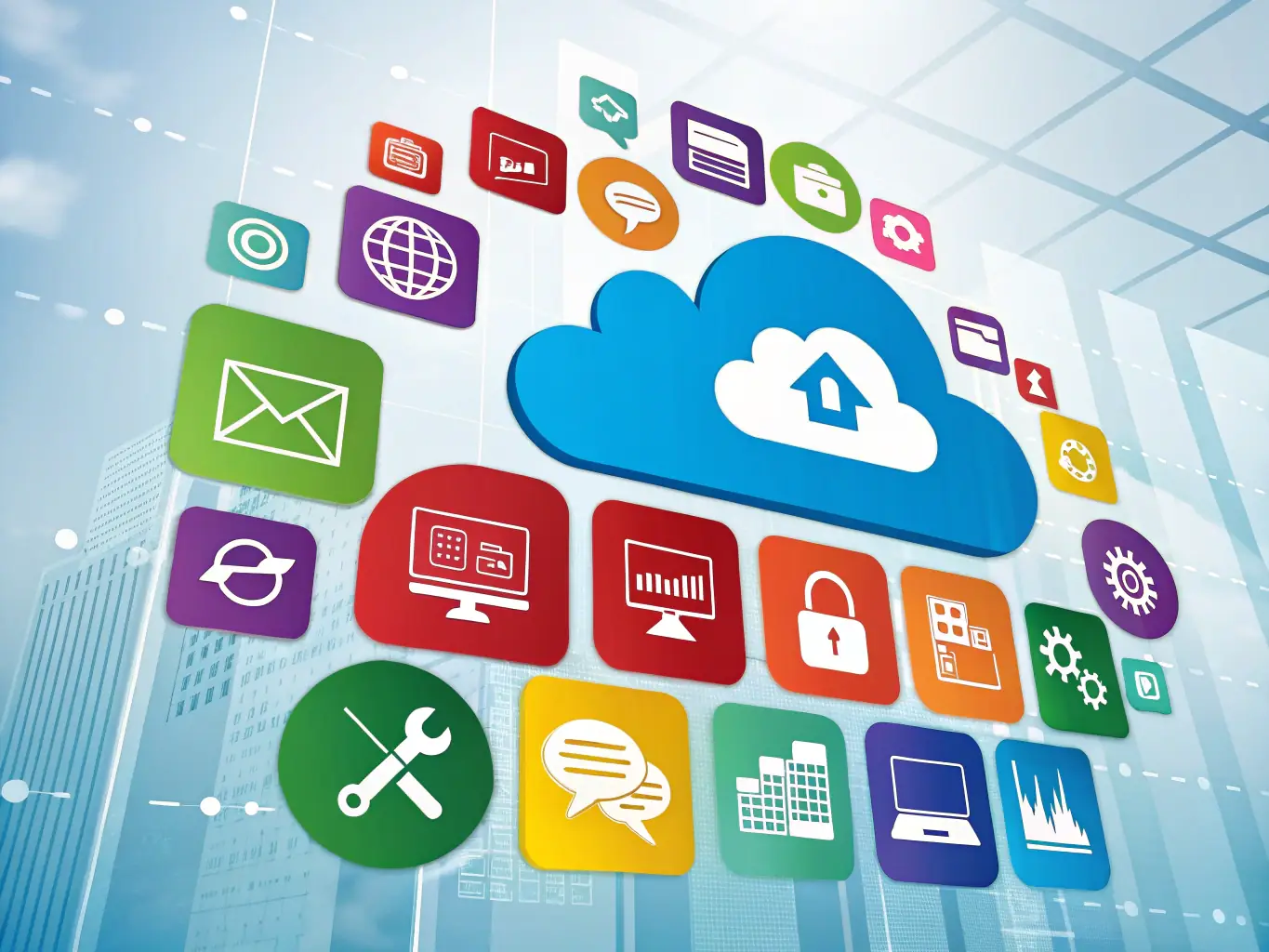 An image illustrating various cloud-based services, such as data storage, application hosting, and collaboration tools, all integrated within a secure cloud environment. The image should emphasize accessibility and collaboration.