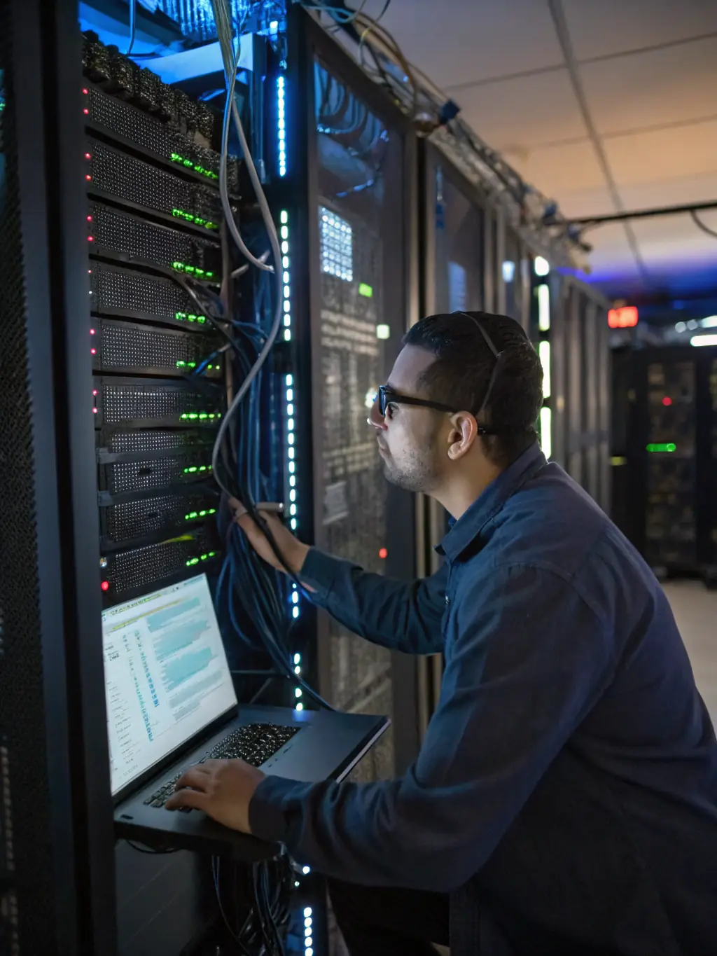 A professional IT technician remotely monitoring a network server room, ensuring optimal performance and security for Envision It Works' managed services clients.