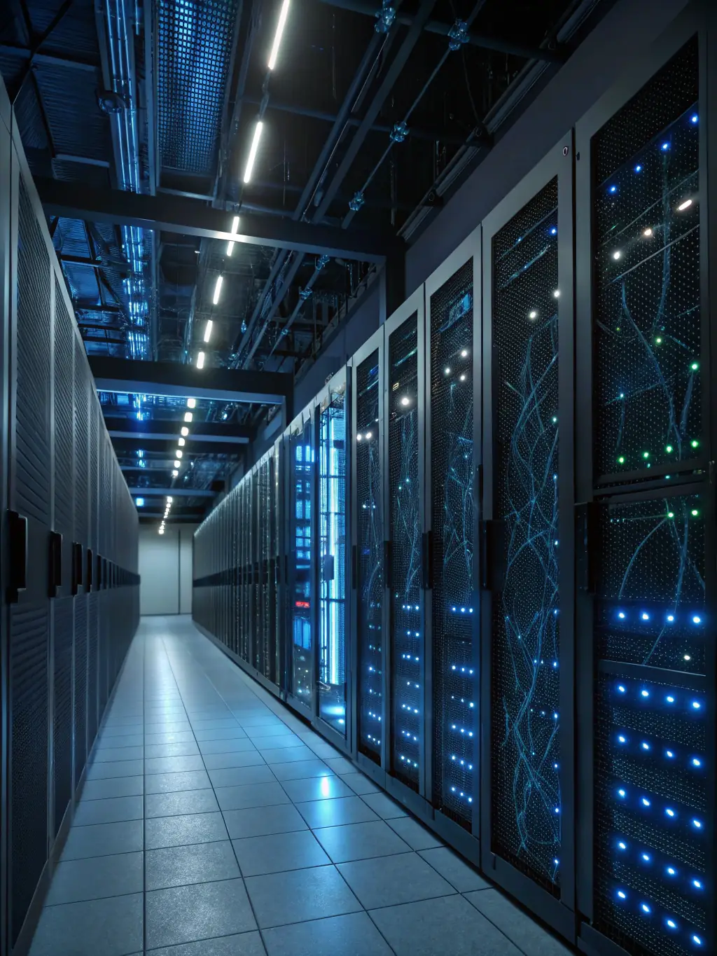 A secure data center with servers and networking equipment, representing the secure and reliable cloud migration services offered by Envision It Works.