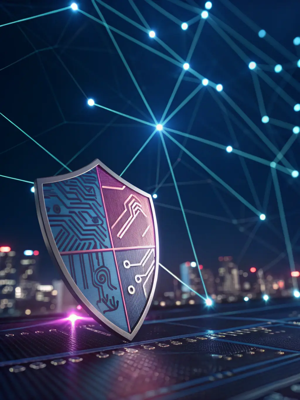 A digital shield icon overlaid on a network diagram, symbolizing the robust cybersecurity solutions provided by Envision It Works to protect businesses from cyber threats.